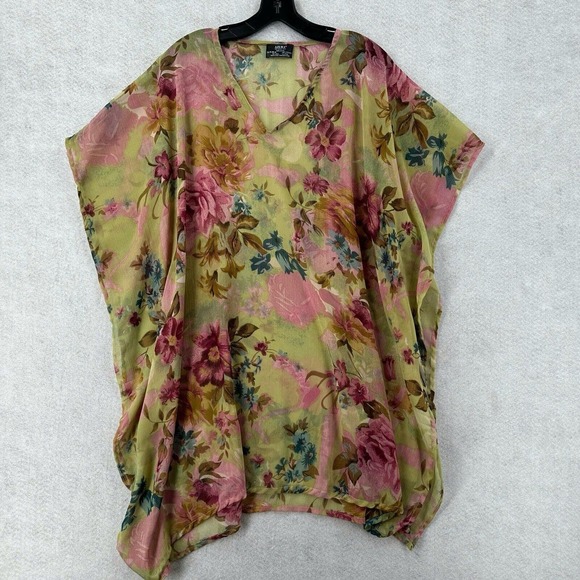 Azura Kimono Blouse Womens One Size Green Pink Floral Pullover Chiffon Cover Up - Picture 1 of 9